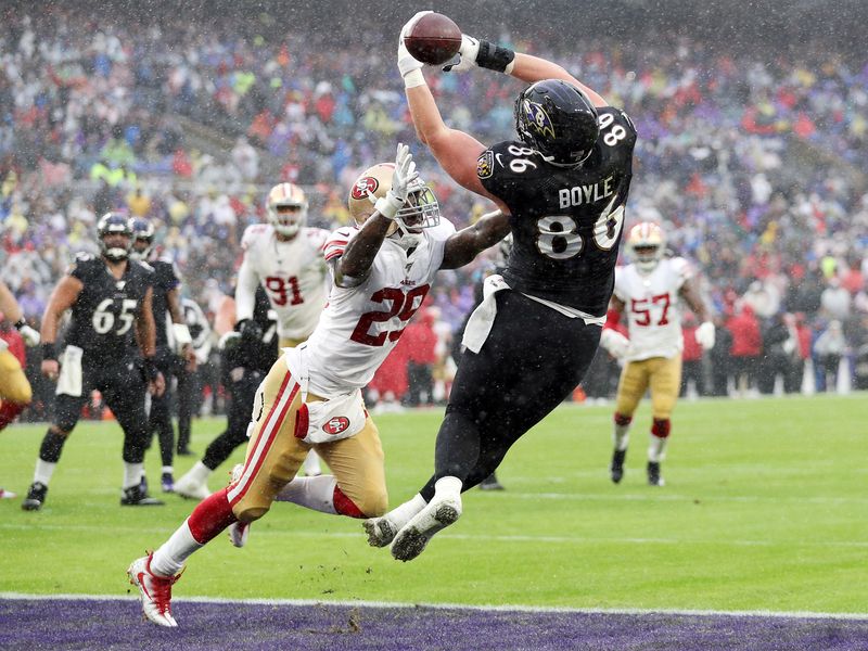 Baltimore, United States. 01st Dec, 2019. Baltimore Ravens tight end Mark  Andrews (89) celebrates a 20-yard touchdown pass against the San Francisco  49ers during the first half of an NFL game at