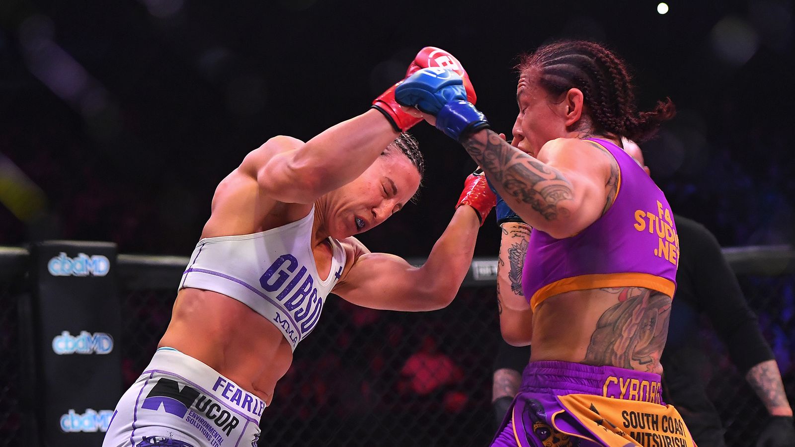 Julia Budd (red gloves) and Cris Cyborg (blue gloves) exchange blows during...