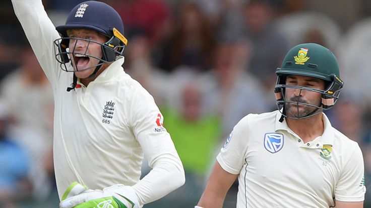 England wicketkeeper Jos Buttler takes the catch for the wicket of South Africa batsman Dean Elgar as Ben Stokes appeals, the decision was given after review during Day Four of the Second Test between South Africa and England at Newlands on January 06, 2020 in Cape Town, South Africa.