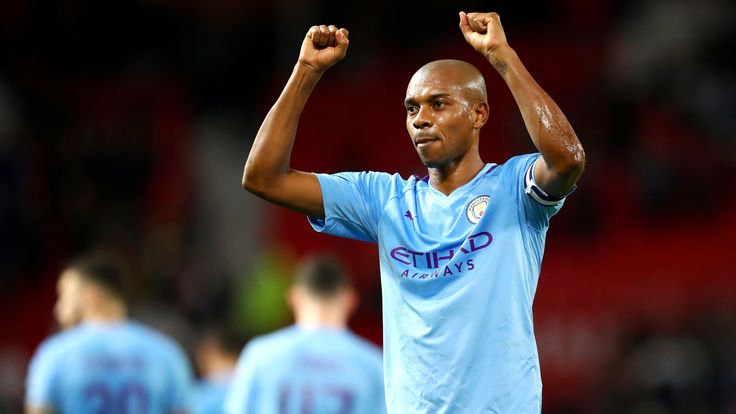 Fernandinho celebrates after Manchester City's win over Manchester United at Old Trafford