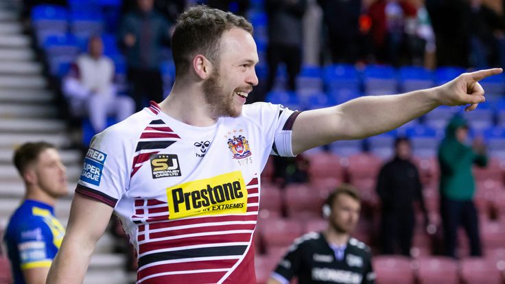 Picture by Allan McKenzie/SWpix.com - 30/01/2020 - Rugby League - Betfred Super League - Wigan Warriors v Warrington Wolves - DW Stadium, Wigan, England - Wigan's Liam Marshall celebrates his try against Warrington.