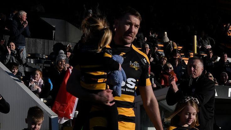 CASTLEFORD, ENGLAND - JANUARY 19: Michael Shenton of Castleford Tigers enters the field with his children ahead of the Michael Shenton testimonial between Castleford Tigers and Toronto Wolfpack on January 19, 2020 in Castleford, England. (Photo by George Wood/Getty Images)