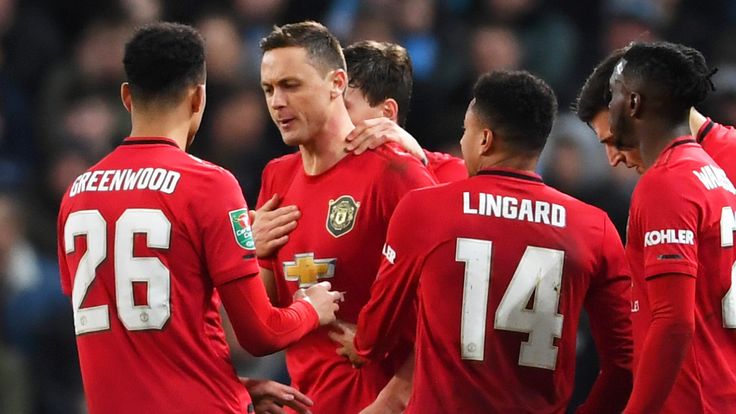 Nemanja Matic celebrates with team-mates after scoring during the Carabao Cup, Semi-Final match between Manchester City and Manchester United at Etihad Stadium on January 29, 2020