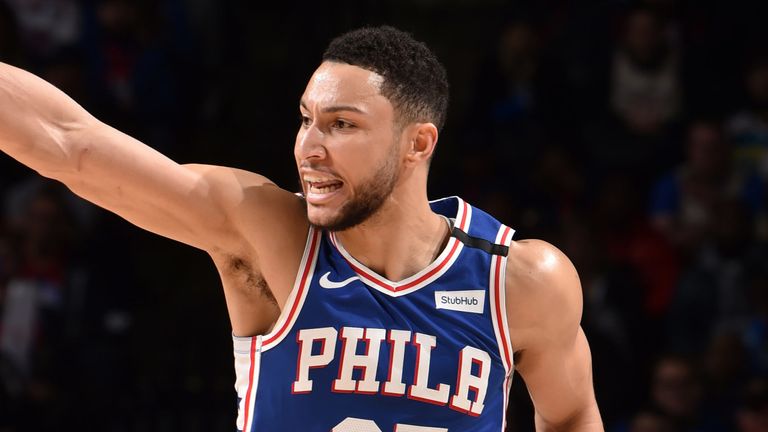Ben Simmons salutes the crowd during Philadelphia&#39;s victory over Oklahoma City