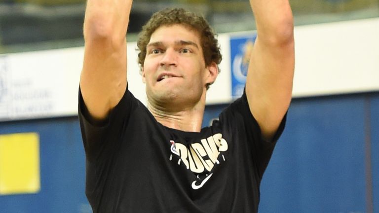 Brook Lopez launches a three-pointer during Bucks practice in Paris