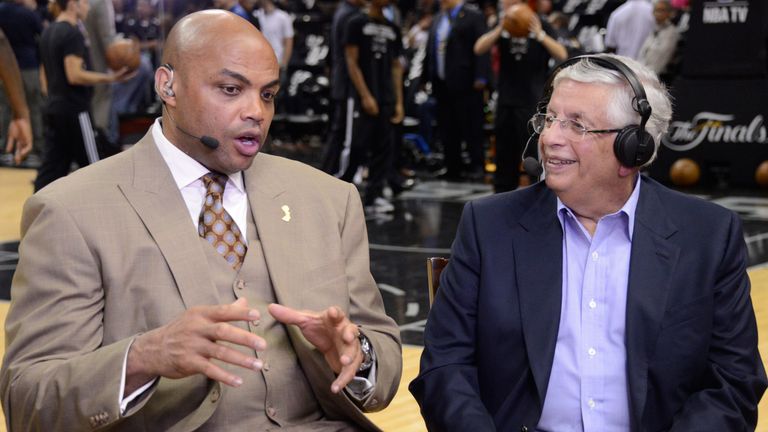 Charles Barkley and David Stern pictured during an NBA Finals television broadcast