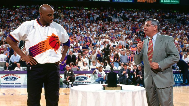 David Stern presents Charles Barkley with the 1993 regular season MVP award