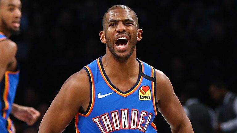 Chris Paul celebrates a play during the Thunder&#39;s overtime win over the Nets