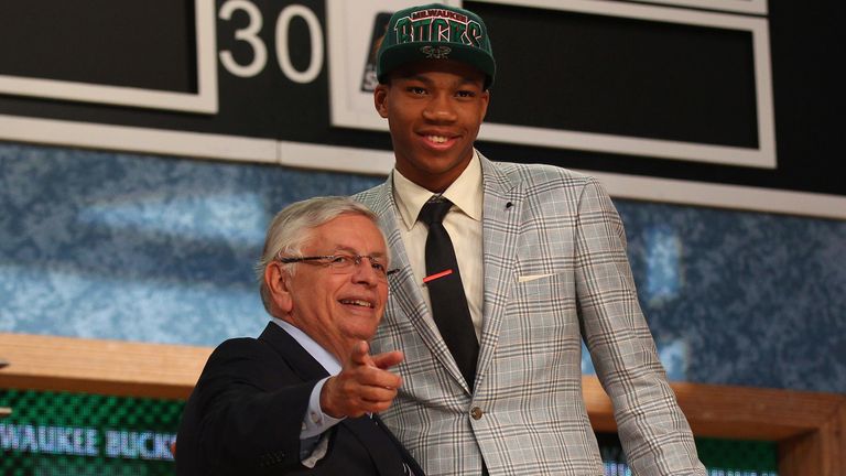 David Stern welcomes Giannis Antetokounmpo to the league at the 2013 NBA Draft