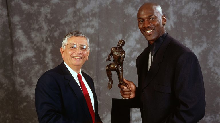 David Stern poses with Michael Jordan