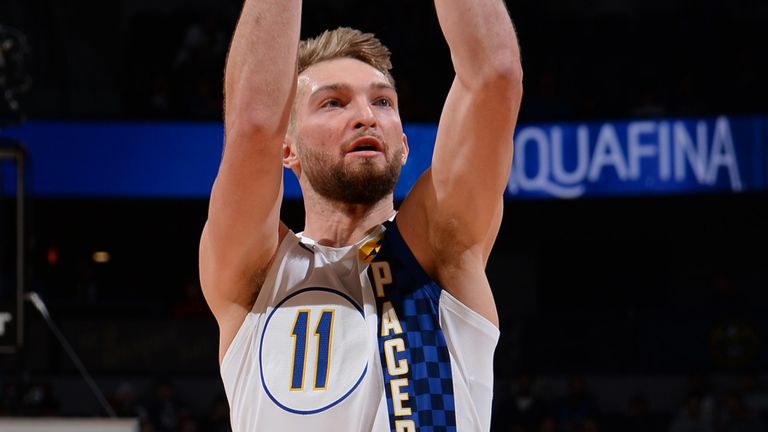 Domantas Sabonis fires from three en route to a triple-double against the Nuggets
