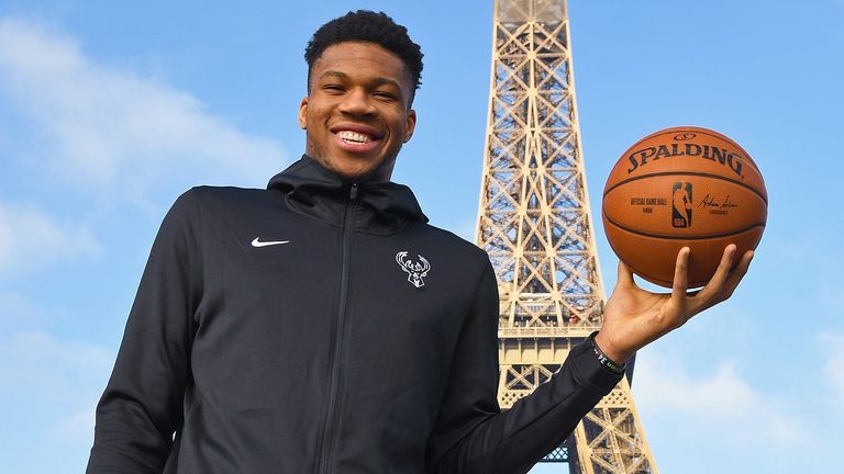 Giannis Antetokounmpo poses in front of the Eiffel Tower ahead of the NBA Paris 2020 game against the Charlotte Hornets
