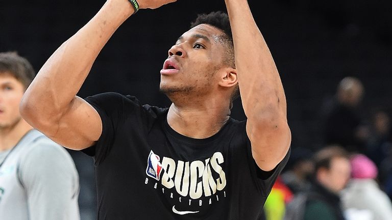Giannis Antetokounmpo shoots a stepback jumper during practice at the AccorsHotel Arena