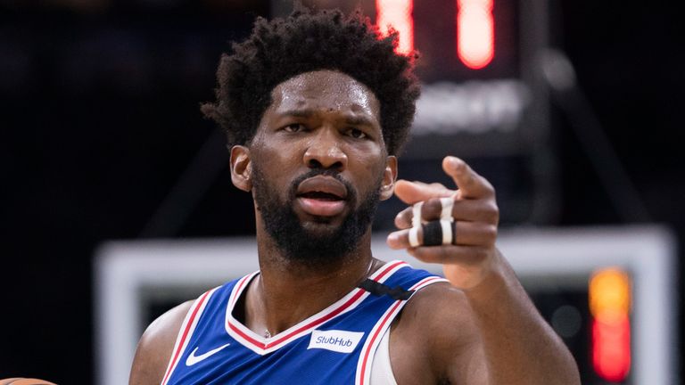 Joel Embiid in action for Philadelphia after receiving treatment for a finger injury 