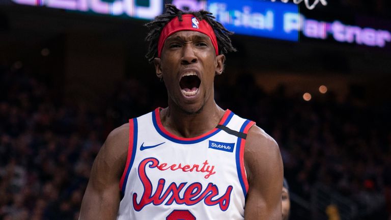 Josh Richardson celebrates after scoring against Boston