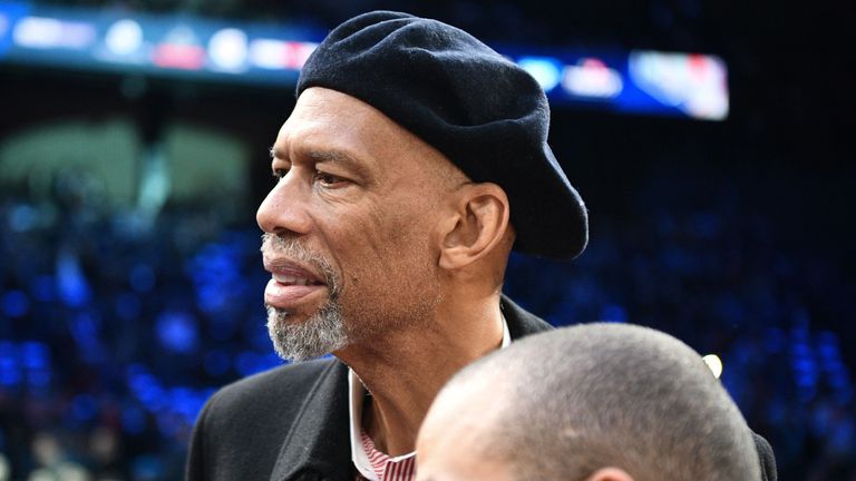 Kareem Abdul-Jabbar pictured while being honoured on-court at the NBA Paris Game