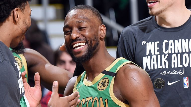 Kemba Walker celebrates Boston's victory over the Lakers