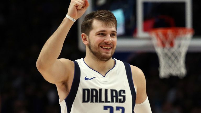 Luka Doncic celebrates the Mavericks' victory over the Nets