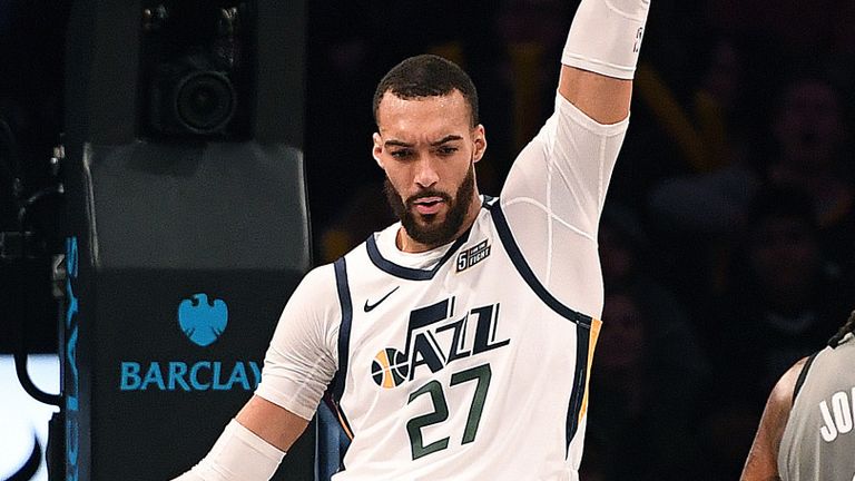 Rudy Gobert celebrates a dunk against Brooklyn