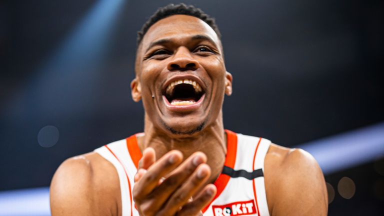 Russell Westbrook gestures to fans before the Rockets' loss to the Thunder