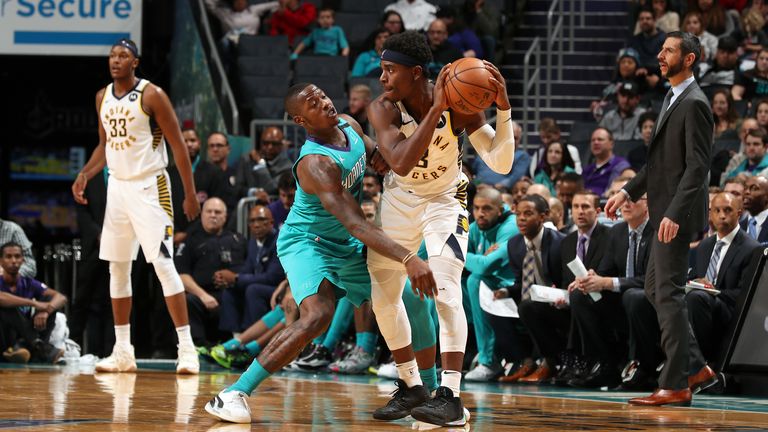 Aaron Holiday of the Indiana Pacers handles the ball during the game against the Charlotte Hornets 
