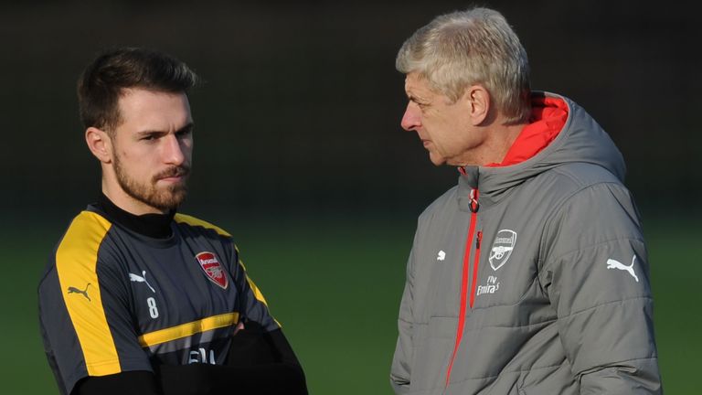 Aaron Ramsey and Arsene Wenger of Arsenal during a training session at London Colney on January 6 2017
