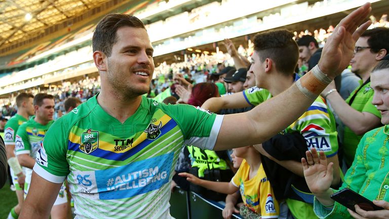 SYDNEY, AUSTRALIA - JULY 31: Aidan Sezer of the Raiders greets fans after the round 21 NRL match between the South Sydney Rabbitohs and the Canberra Raiders at ANZ Stadium on July 31, 2016 in Sydney, Australia. (Photo by Mark Nolan/Getty Images)