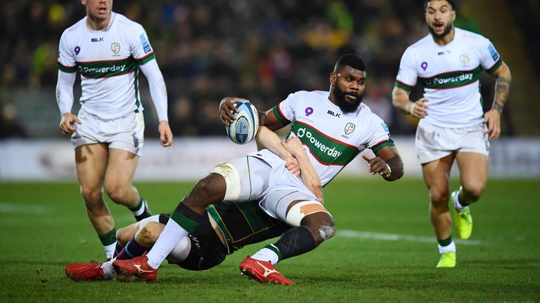 Albert Tuisue of London Irish is brought down by Rory Hutchinson 