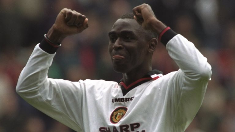 Andy Cole celebrates his goal for Manchester United at Liverpool in April 1997