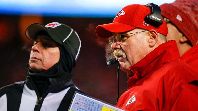 KANSAS CITY, MO - JANUARY 20: Head coach Andy Reid of the Kansas City Chiefs, right, watches officials reviewing video replays of a muffed punt coaches challenge in the fourth quarter of the AFC Championship Game against the New England Patriots at Arrowhead Stadium on January 20, 2019 in Kansas City, Missouri. (Photo by David Eulitt/Getty Images)