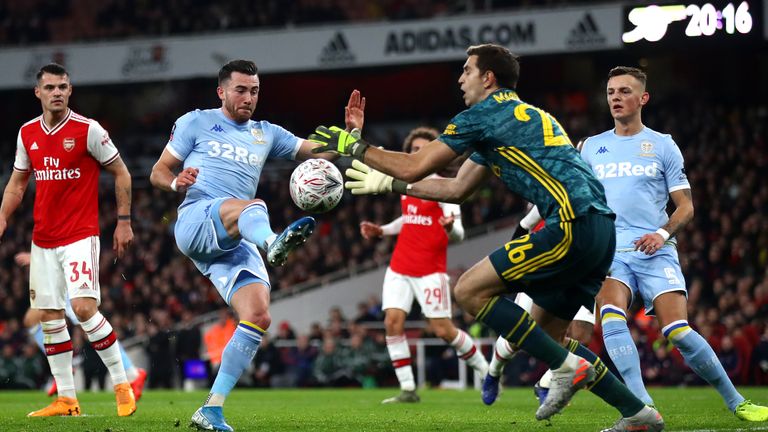 Leeds' Jack Harrison is closed down by Arsenal's Emiliano Martinez