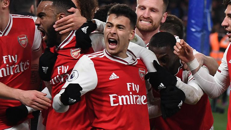 Gabriel Martinelli celebrates his goal against Chelsea