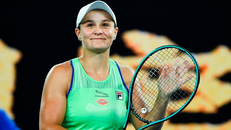 Australia's Ashleigh Barty celebrates her victory against Ukraine's Lesia Tsurenko during their women's singles match on day one of the Australian Open tennis tournament in Melbourne on January 20, 2020.