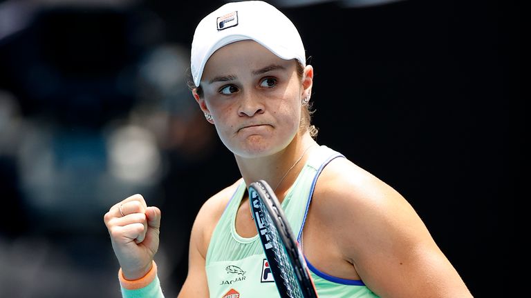 Ashleigh Barty of Australia celebrates winning match point during her Women's Singles second round match against Polona Hercog of Slovenia on day three of the 2020 Australian Open at Melbourne Park on January 22, 2020 in Melbourne, Australia