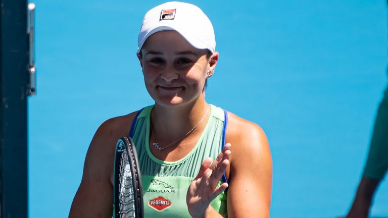 Ashleigh Barty of Australia celebrates her victory in her quarter final match against Petra Kvitova of the Czech Republic on day nine of the 2020 Australian Open at Melbourne Park on January 28, 2020 in Melbourne, Australia.