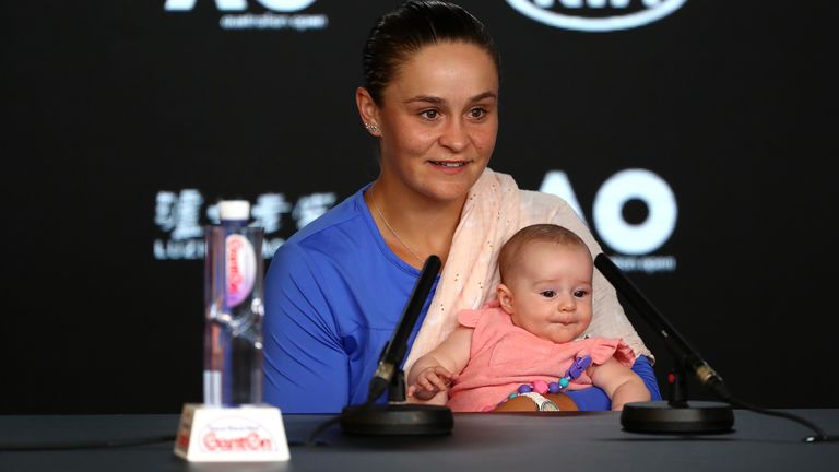 Ashleigh Barty of Australia holds her niece Olivia during a press conference after defeat in her Women's Singles Semifinals match against Sofia Kenin of the United States on day eleven of the 2020 Australian Open at Melbourne Park on January 30, 2020 in Melbourne, Australia