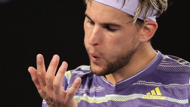 Dominic Thiem of Austria celebrates after winning a point during his Men's Singles Semifinal match against Alexander Zverev of Germany on day twelve of the 2020 Australian Open at Melbourne Park on January 31, 2020 in Melbourne, Australia.