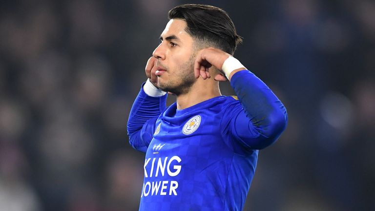 Ayoze Perez celebrates scoring Leicester's third goal
