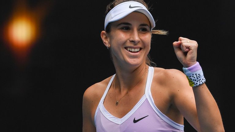 Switzerland's Belinda Bencic celebrates after victory against Latvia's Jelena Ostapenko during their women's singles match on day four of the Australian Open tennis tournament in Melbourne on January 23, 2020. 