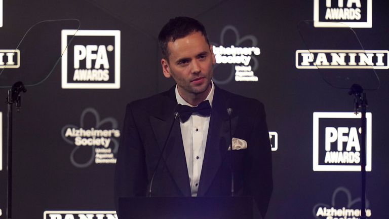 PFA chairman Ben Purkiss speaking at the PFA Awards