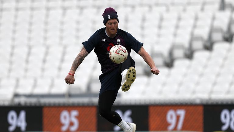 England&#39;s Ben Stokes kicks a football during a training session at The Oval in London on September 11, 2019, on the eve of the start of the fifth and final Ashes cricket Test match between England and Australia