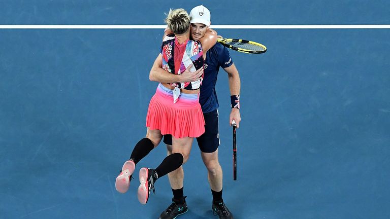 Bethanie Mattek-Sands of the United States and Jamie Murray of Great Britain celebrate winning their Mixed Doubles Quarterfinals match against Saisai Zheng of China and Joran Vliegen of Belgium on day ten of the 2020 Australian Open at Melbourne Park on January 29, 2020 in Melbourne, Australia.