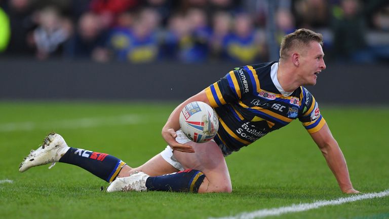 Leeds Rhinos' Brad Dwyer scores his sides 4th try during the testimonial match at Emerald Headingley, Leeds. PA Photo. Picture date: Sunday January 12, 2020. Photo credit should read: Dave Howarth/PA Wire. RESTRICTIONS: Editorial use only. No commercial use. No false commercial association. No video emulation. No manipulation of images.