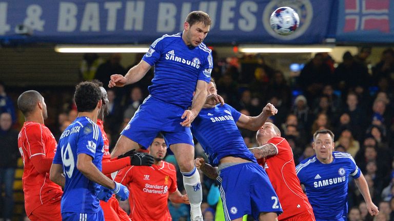 Branislav Ivanovic rises to head Chelsea in front against Liverpool in January 2015
