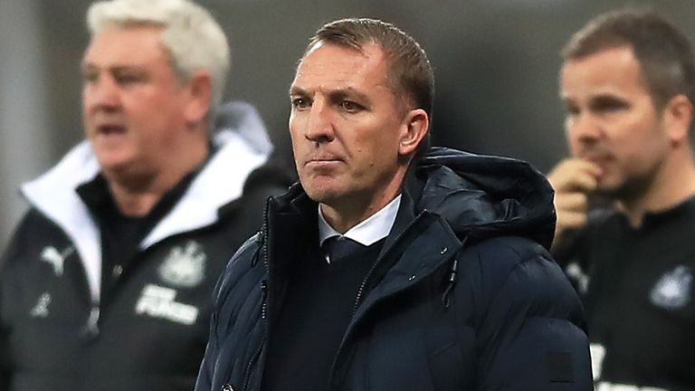 Leicester City manager Brendan Rodgers (centre) looks on during the Premier League match at St James&#39; Park, Newcastle.
