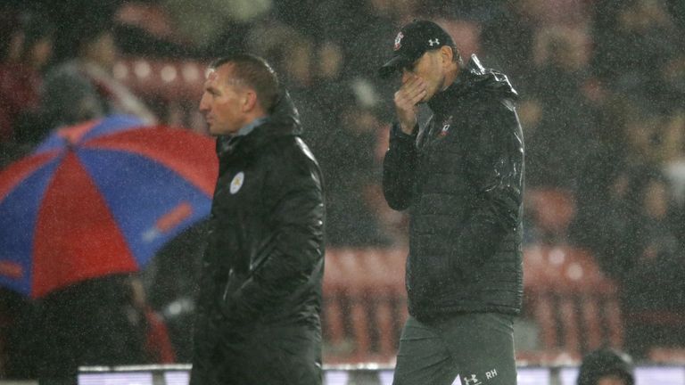 Ralph Hasenhuttl of Southampton (right) after his sides 9-0 defeat with Brendan Rodgers of Leicester City during the Premier League match at St Mary&#39;s Stadium