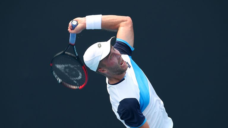  Liam Broady of Great Britain serves in his match against Ilya Ivashka of Belarus during 2020 Australian Open Qualifying at Melbourne Park on January 14, 2020 in Melbourne, Australia.