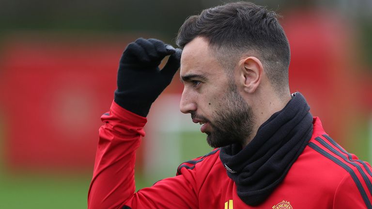 Bruno Fernandes in his first Manchester United training session