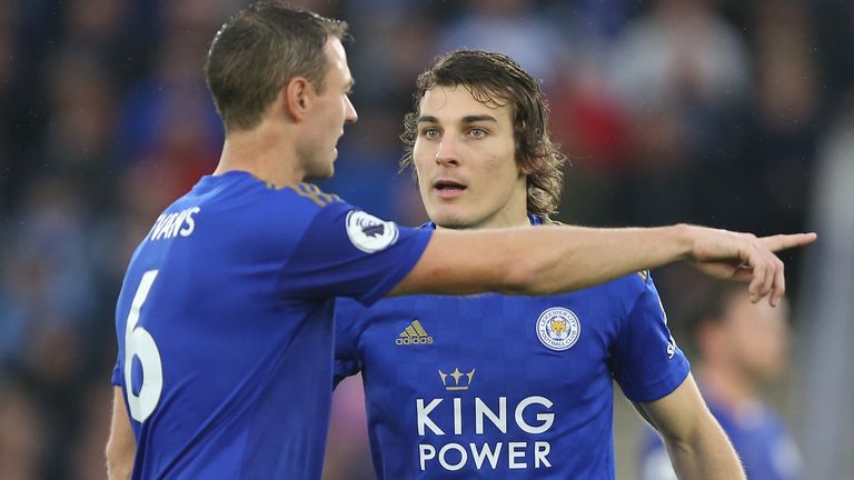 Jonny Evans gives instructions to Leicester team-mate Caglar Soyuncu
