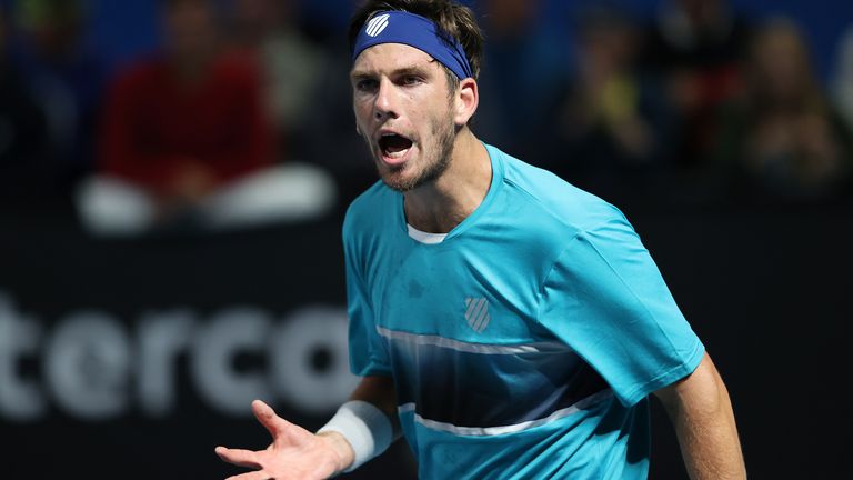 Cameron Norrie of Great Britain reacts during his Men's Singles first round match against Pierre-Hugues Herbert of France on day two of the 2020 Australian Open at Melbourne Park on January 21, 2020 in Melbourne, Australia. 